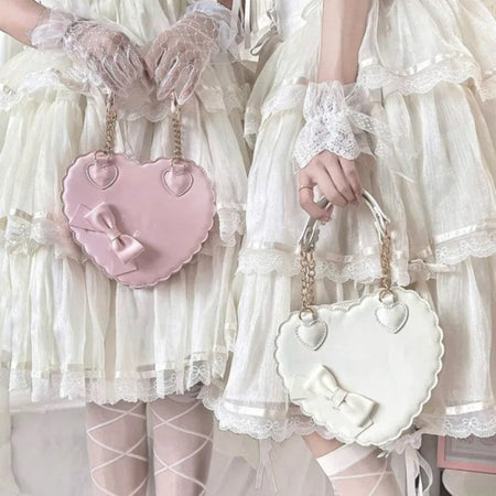 PU Heart Lolita Handbags Girls Bowknots Decor Japanese Shoulder Bags Two Sized Kawaii Shell Purses Cute Pink Messenger Bag Gifts