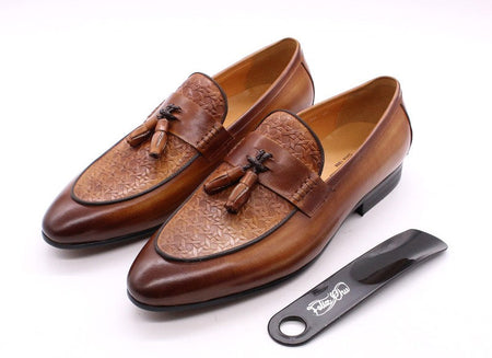 FELIX CHU Men's Genuine Leather Tassel Loafers Italian Luxury Fashion Slip-On Dress Shoes for Parties Weddings Casual Wear