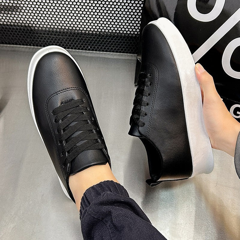 Fashion Thick Sole Black White Soft Men Leather Shoes Platform Men Casual Board Shoes Walking Sport Shoes Lightweight Work Shoes