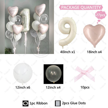 32inch Pink Bows Number Balloons Cream White Beige Number Foil Balloons Pink Bows For Birthday Coquette Themed Party Decor