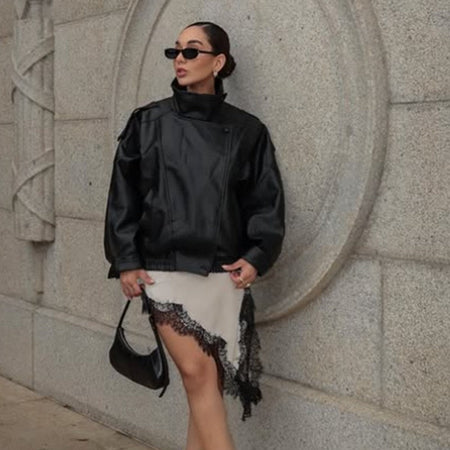 HXAO Faux Leather Jacket Coat Demi-Season Black Bomber Jacket Outerwears Long Sleeve Snap Button Cropped Motorcycle Jacket