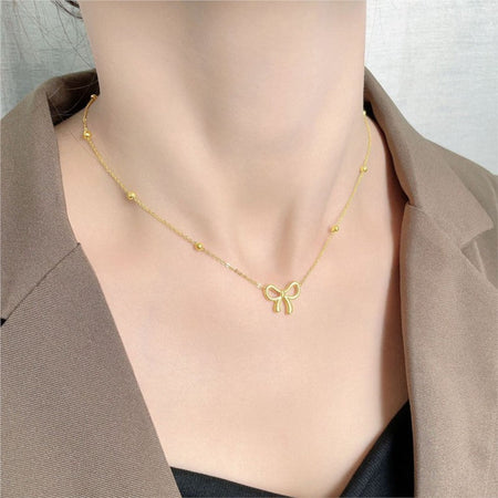 ANENJERY L316 Stainless Steel Beads Chain Hollow Bowknot Pendant Necklace for Women Niche Simple Jewery Accessory