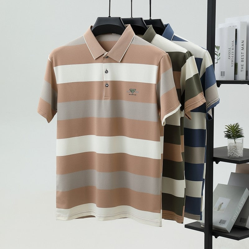 100% pure cotton fashion short sleeve polo shirt men's luxury brand embossed wide stripe color blocked summer casual lapel top