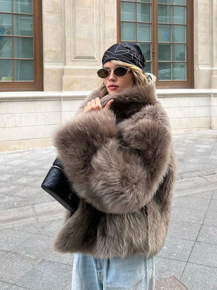 Winter Women Warm Faux Fur Coats Fashion Browns Long Sleeve Stand Collar Short Jackets 2025 Lady High Street Commute Outerwear