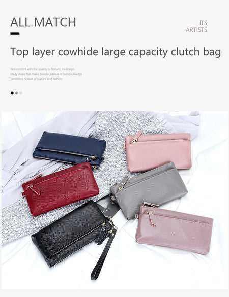 Women's Wristlet Clutch Purse Genuine Leather Clutch Cellphone Smartphone Long Wallet Vintage Purse Travel Double Zip Wristlets