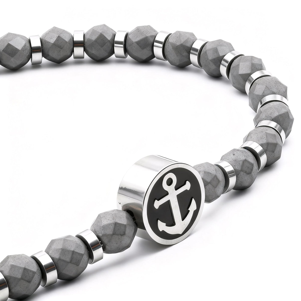 Runda Men's Bracelet with Black Iron Ore Anchor Pendant Stainless Steel Adjustable 22cm Fashion Charm Bead Jewelry