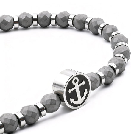 Runda Men's Bracelet with Black Iron Ore Anchor Pendant Stainless Steel Adjustable 22cm Fashion Charm Bead Jewelry