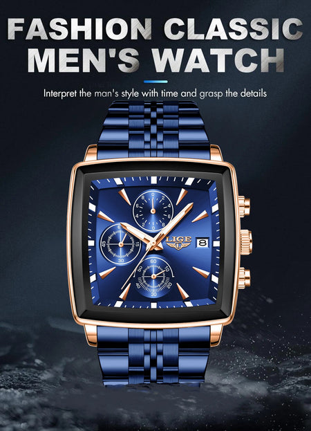 LIGE Top Brand Luxury Mens Watches Fashion Military Square Chronograph Quartz Wristwatches For Men Sports Waterproof Watch Men