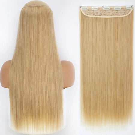 Long Straight Hairstyle 5 Clip Natural Hair Extension Synthetic Fiber Heat-Resistant Hairpiece 22"32" Black Brown Blonde