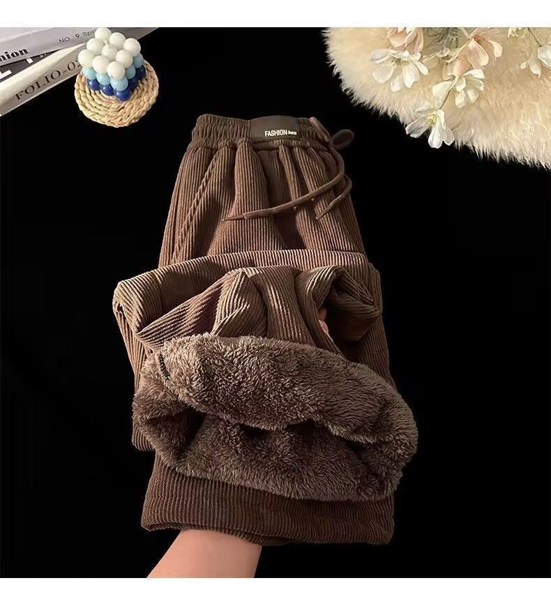 Velvet high waisted wide leg pants women winter new streetwear thickened lambskin corduroy pants lazy joggers women casual pants