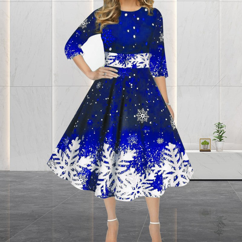 Winter Christmas Dresses Women Vintage Robe Swing Elegant Half Sleeve Casual Print Party Dress