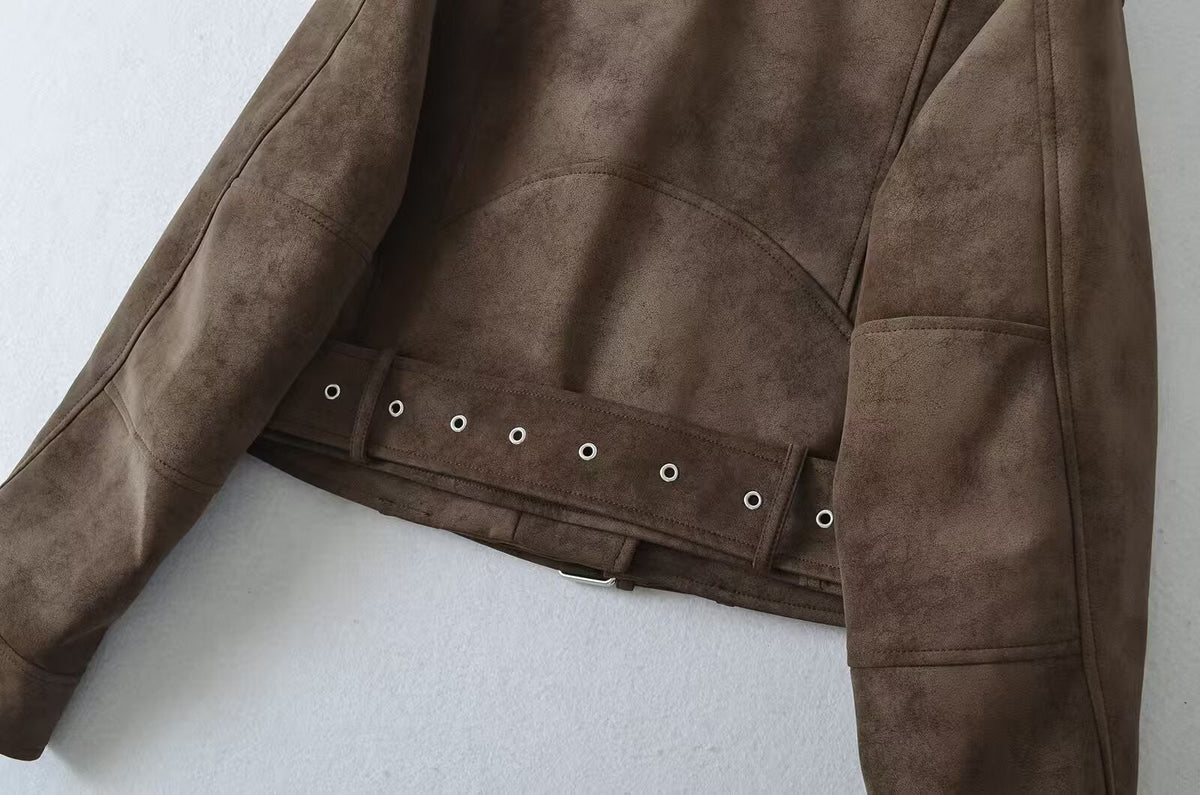 European style new women's fashion versatile temperament retro design velvet PU motorcycle jacket short coat