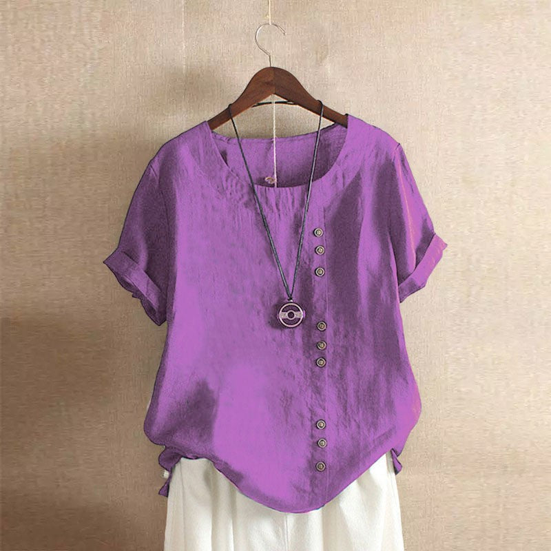 New Summer Women's Plus Size Shirt O-neck Cotton and Linen Loose Casual Ethnic Style Elegant Casual White Pink Top for Women