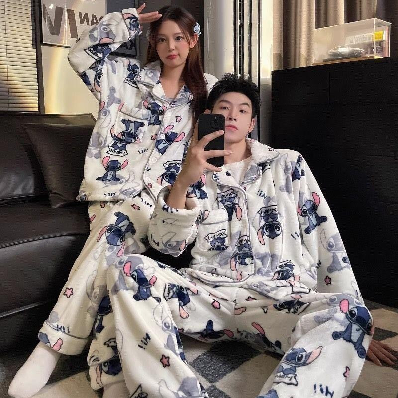 2Pcs Couple Plush Pajamas Suit Cute Disney Stitch Anime Man Woman Homewar Long Sleeve Pants Winter Cartoon Thicken Sleepwear