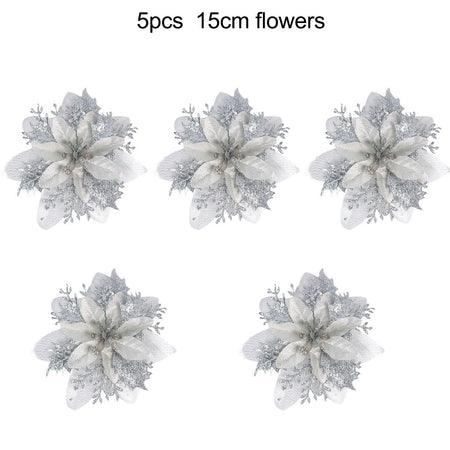 1/5/10pcs Sparkling Red Golden Silver Poinsettia Artificial Flowers Christmas Tree Ornaments for Xmas New Year party Decoration