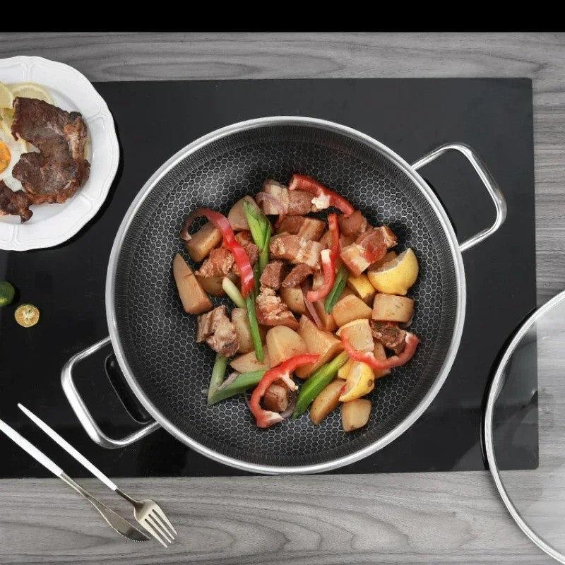 32cm 304 Stainless Steel Frying Pan Food Grade Non Stick Pan Honeycomb Pot Bottom Induction Cooker Gas Stove General Wok