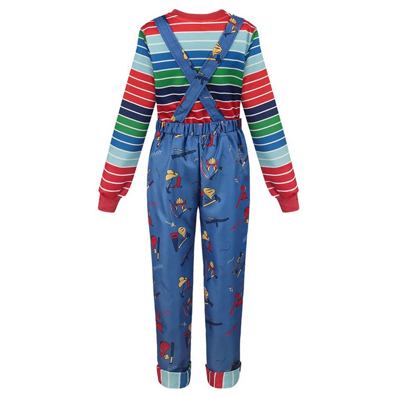 Adult Chucky Cosplay Costume with Striped Shirt and Jumpsuit for Chucky Overalls Halloween Costumes