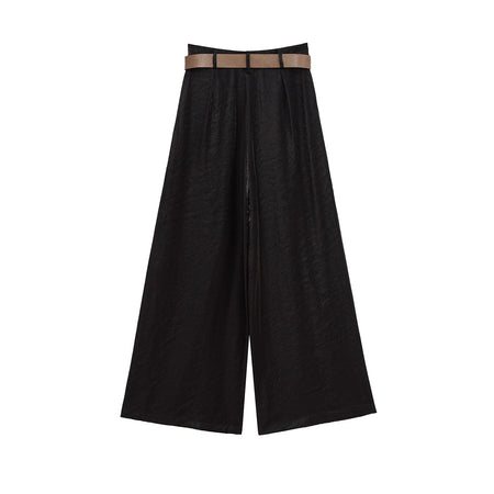 HH Women New Fashion Solid Belt Wrinkles Decorate Casual Loose Trousers Female Chic Zipper Side Pocket Slim Wide Leg Pants