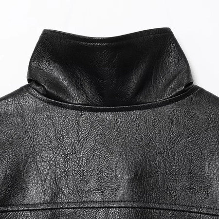 HXAO Faux Leather Jacket Coat Demi-Season Black Bomber Jacket Outerwears Long Sleeve Snap Button Cropped Motorcycle Jacket