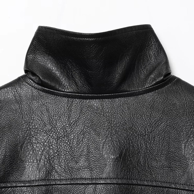HXAO Faux Leather Jacket Coat Demi-Season Black Bomber Jacket Outerwears Long Sleeve Snap Button Cropped Motorcycle Jacket