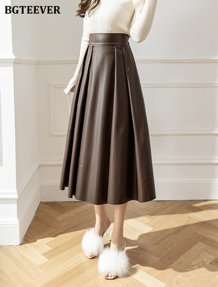 BGTEEVER Spring Autumn Loose PU Leather A-line Skirts Women Elegant High Waist Pleated Faux Leather Skirts Female