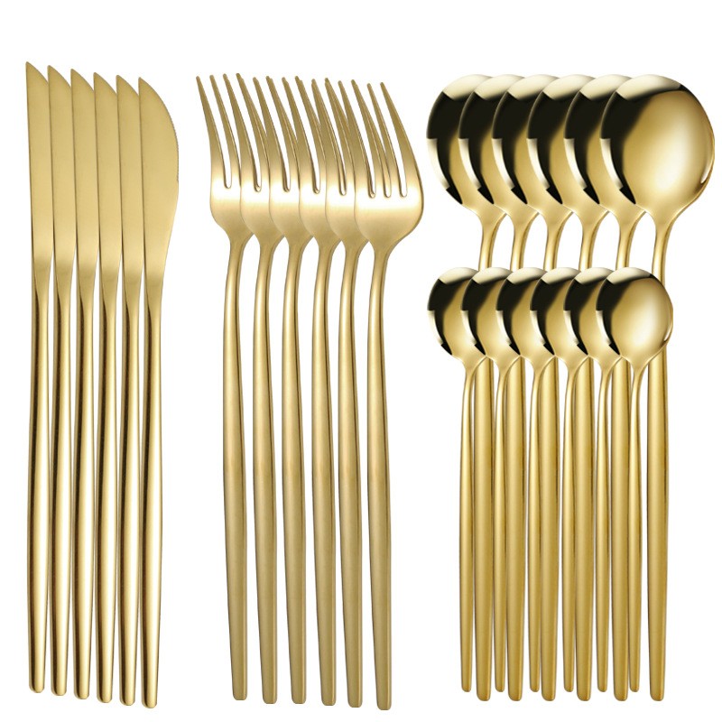 24Pcs Stainless Steel Dinnerware Set Black Gold Cutlery Spoon Fork Knife Western Cutleri Silverware Flatware Tableware Supplies