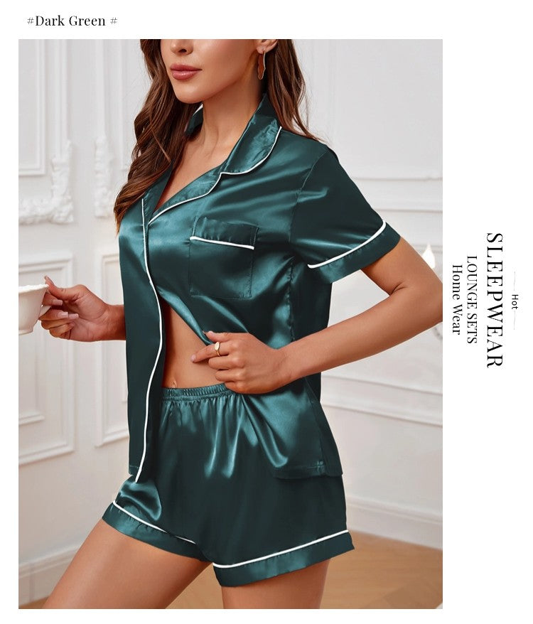 Luxurious Satin Pajama For Women Turn-down Collar Button Top & Shorts Sleepwear & Loungewear for Summer Home Clothes Suit