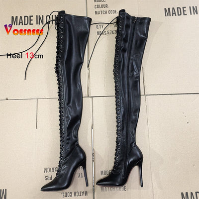 13CM Thin Heel Black Lace-up Over the knee Boots Woman Fetish Pointy Toe Boots Elastic Leather Thigh High Sexy Women Party Shoes