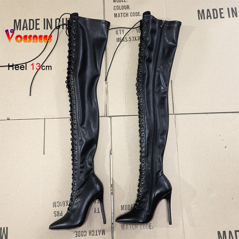 13CM Thin Heel Black Lace-up Over the knee Boots Woman Fetish Pointy Toe Boots Elastic Leather Thigh High Sexy Women Party Shoes
