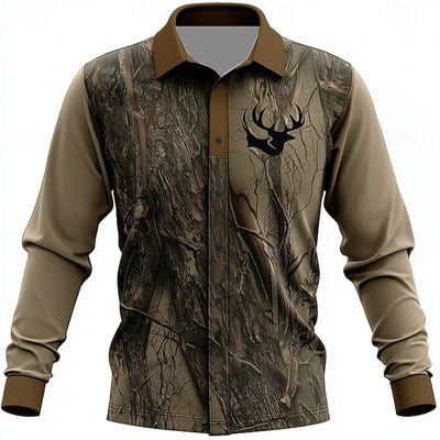 Retro Men's 3D Reindeer Print Shirt Men's Long-sleeved Shirt Breathable Casual Button Loose Top Ethnic Retro Lapel Shirt