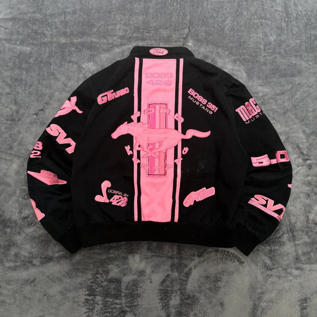 American Popular Simple Pink Horse Pattern Car Jacket for Women's Autumn and Winter Fashion Street Harajuku Y2K Bomber Jacket
