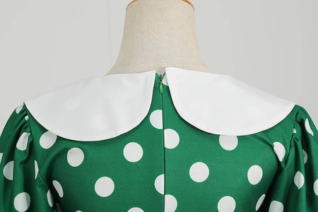 Elegant Women Summer Dress Puff Short Sleeve Polka Dot Peter pan Collar Vintage A-line Midi Long Party Sundress