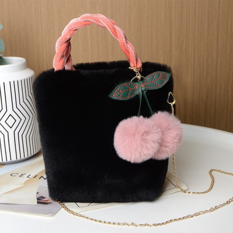 Faux Fur Crossbody Bags for Women Plush Small Purses and Handbag with Pompom Cherry Fluffy String Shoulder Bag Girl Clutch Purse