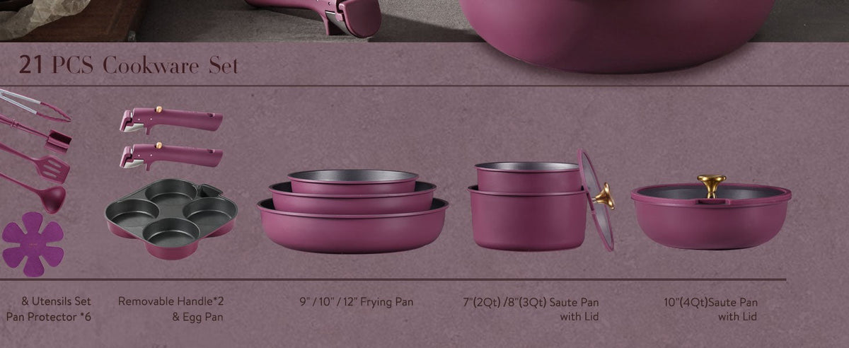 21pcs Pots and Pans Set, Nonstick Cookware Set Detachable Handle, Induction Kitchen Cookware Sets Non Stick with Removable Handl