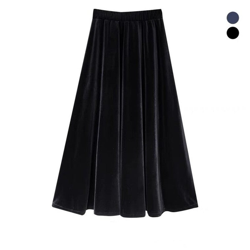 French Style Black Velvet Skirt For Women High Waist A-Line Velour Skirts Spring Autumn Simple High Street Long Skirts Plus Size