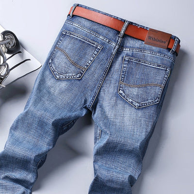 Spring Autumn Business Men Jeans Casual Straight Stretch Fashion Classic Black Sky Blue Grey Work Denim Trousers Brand Clothing