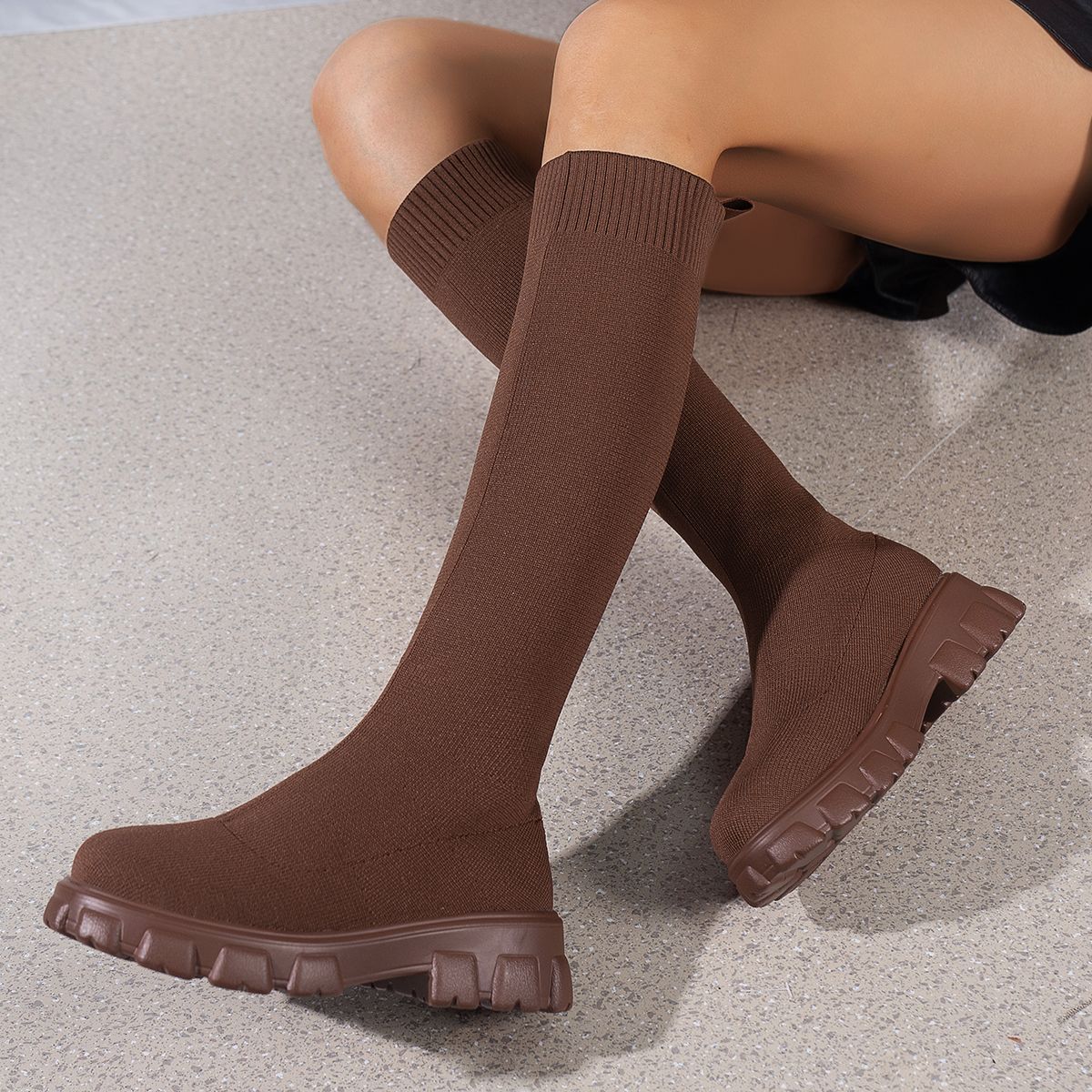Woman Sock Boots Heels Over The Knee Botas Feminina Woman Long Elastic Botines autumn Winter New Brand Knitting Plush