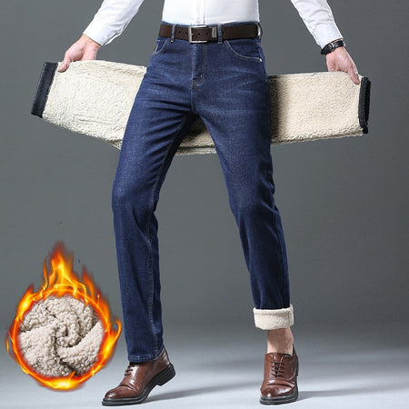 Men's Wool Velvet Jeans Winter Fleece Thickened Business Casual Straight Denim Pants Soft Cozy Thermal Stretch Trousers Male