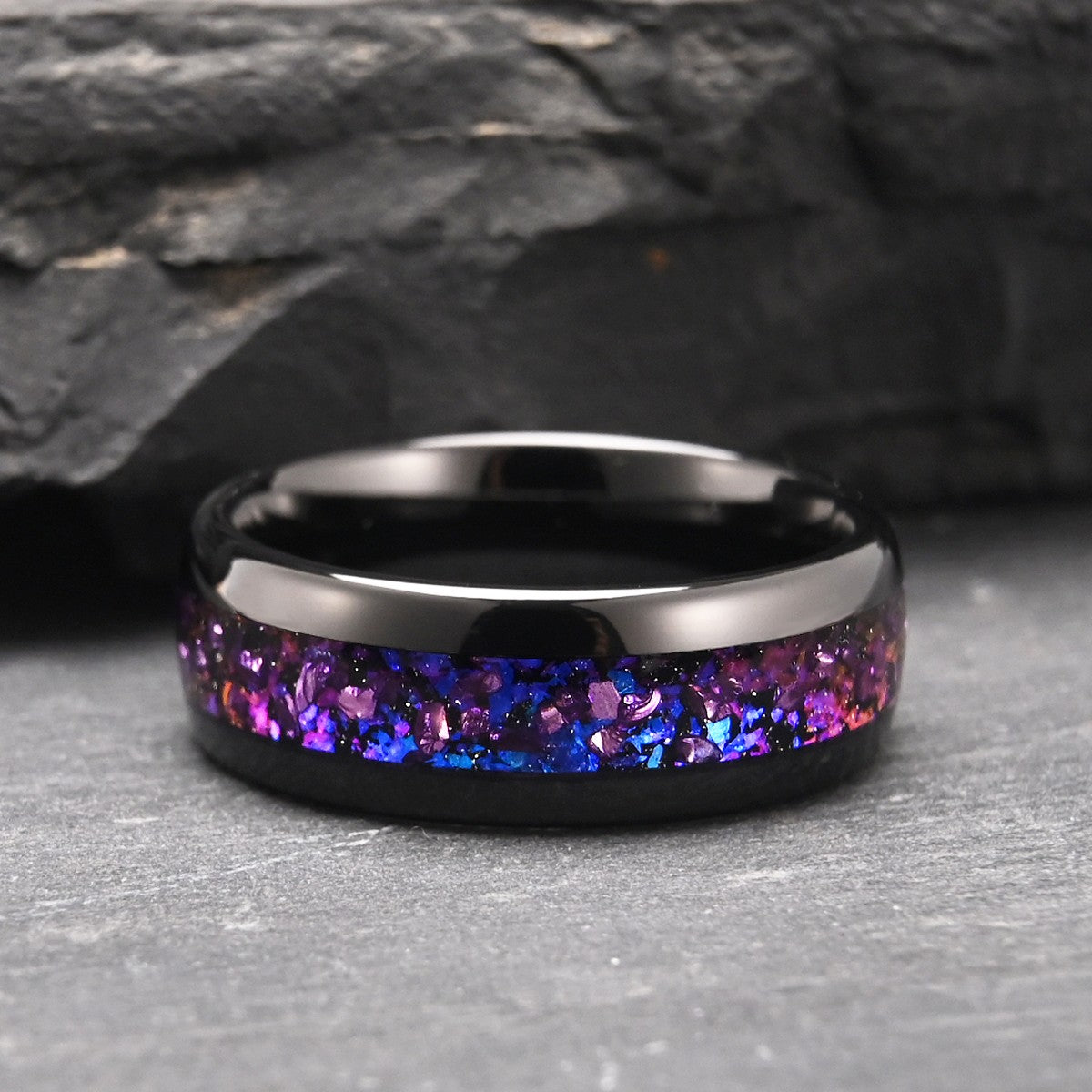 Mens Tungsten Carbide Ring Amethyst Inlay Black Wedding Band Engagement Promise Jewelry Gift 8MM Width Durable For Men DailyWear