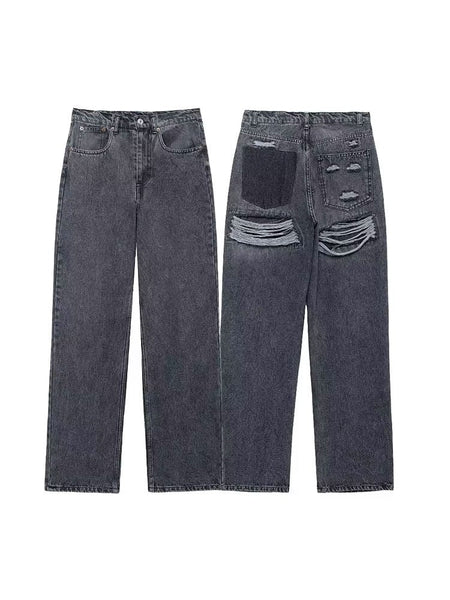 HH 2024 Women's Street Fashion Denim Blue Jeans Distressed Patchwork High Waist Zipper Fly Ripped Retro Long Pants