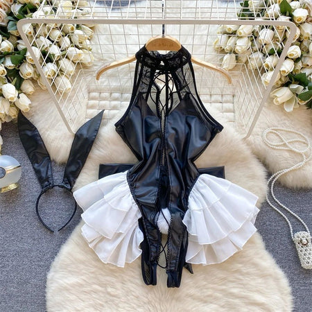 Role Student Complete Maid Cosplay School Costume Set Ruffle Cosplay Vacation Halloween Outfit Halter Dress Set Outfit Costume