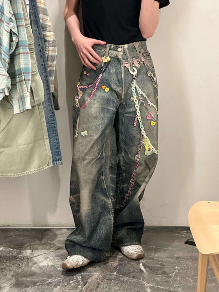 American High Street 3D Digital Print Candy Chain Weathered Knife Straight Leg Casual Jeans for Men And Women