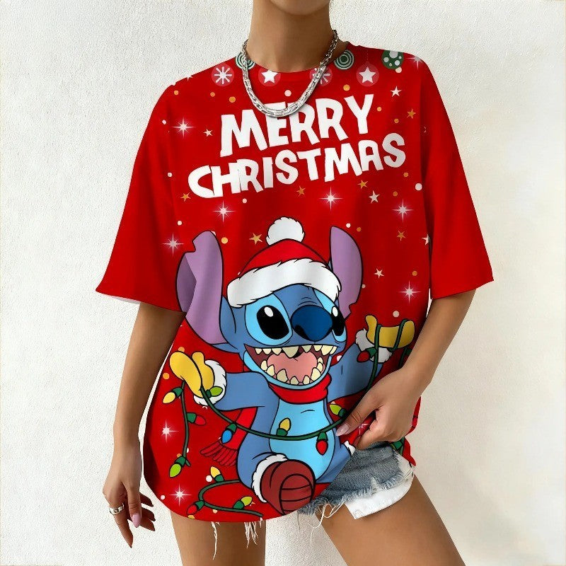 Women's Disney Stitch Christmas Tee Summer Oversized Short Sleeve Top Streetwear Daily Fashion & Trendy Outfits Casual T-Shirt