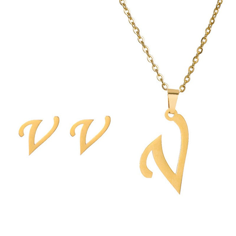 Fashion Stainless Steel A-Z Alphabet Initial Necklace 26 English Letter Earrings Necklace For Women Set Personalize Jewelry Gift