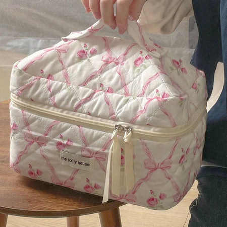 Cute Bow Flower Cloth Handbag Quilting Cotton Makeup Bag Women Zipper Cosmetic Organizer Portable Toiletry Case for Girls