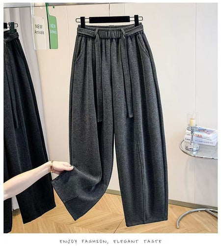 2025 Autumn Winter New All-match Fashionable Solid Color Elastic Waist Wide Leg Pants Women Clothes Casual Drawstring Trousers