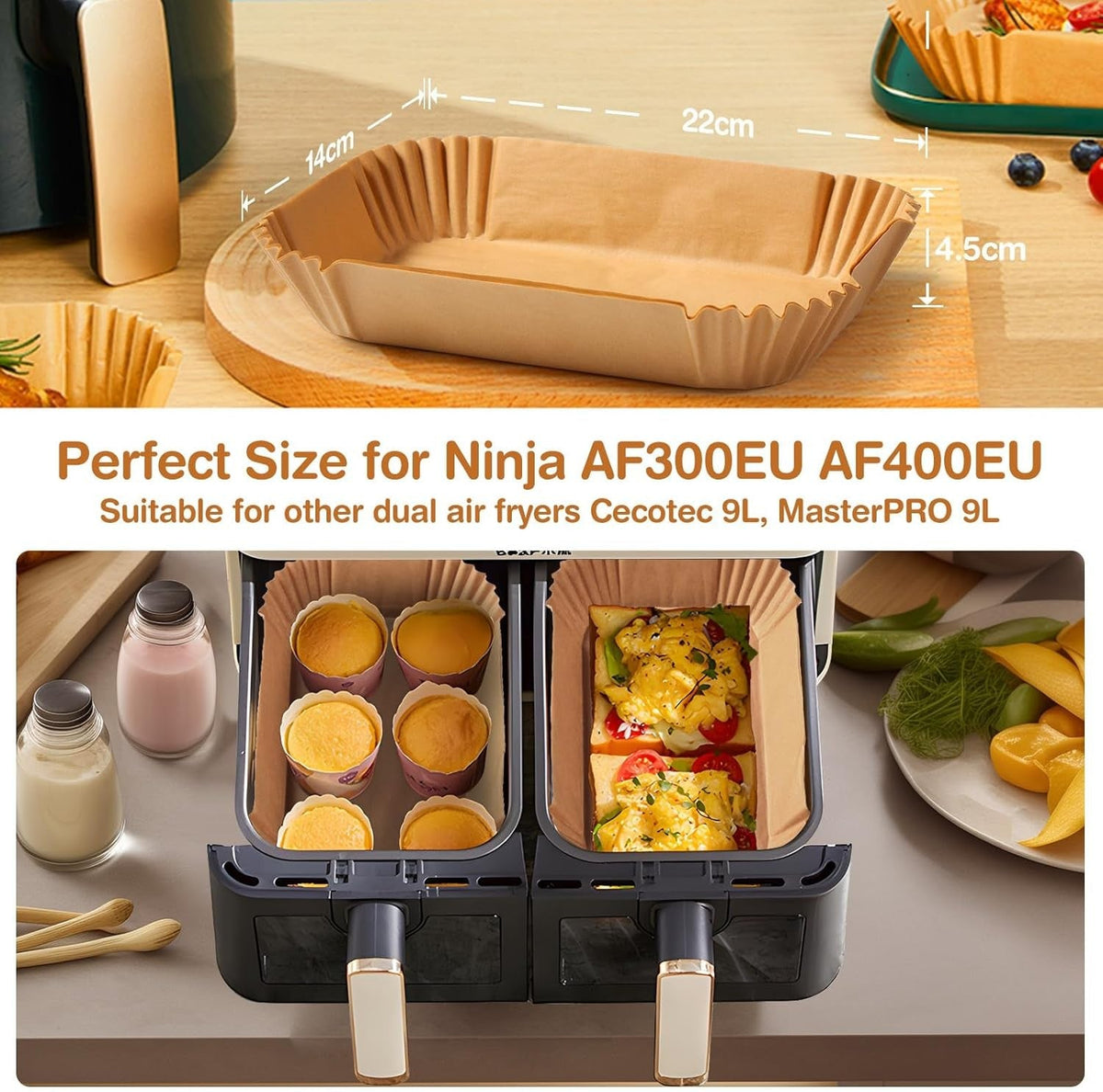 Air Fryer Paper for Dual Zone,100pz 22x14 cm,Disposable Non-stick Paper Air Fryer for Cecotec/Masterpro/Ninja AF300EU/AF400EU