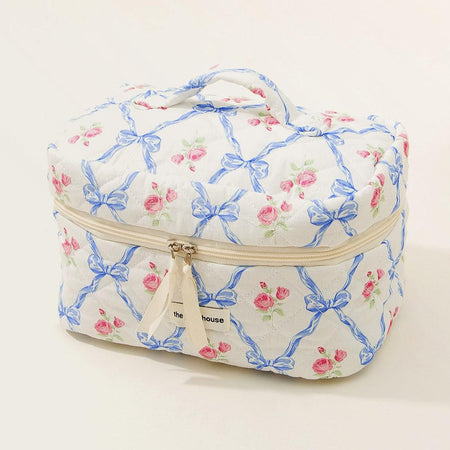 Cute Bow Flower Cloth Handbag Quilting Cotton Makeup Bag Women Zipper Cosmetic Organizer Portable Toiletry Case for Girls