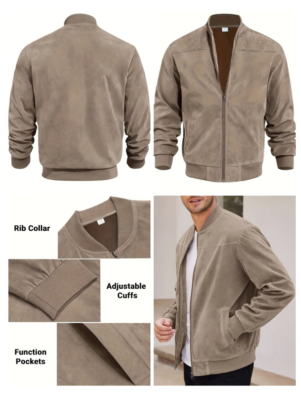 Men's suede nap fabric casual jacket Round neck zipper Solid color Sport Bomber Jacket Casual edition sports and golf fashion
