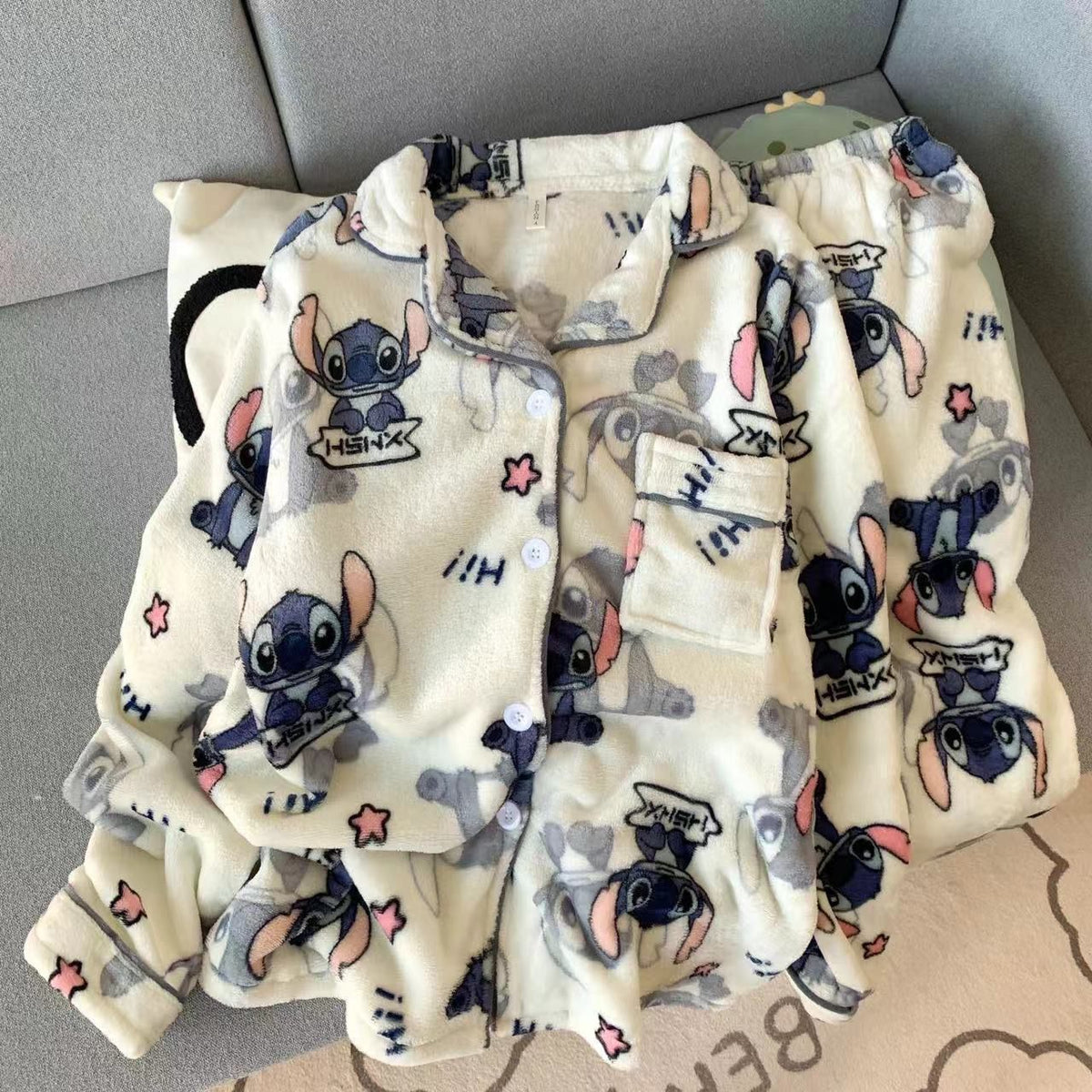 2Pcs Couple Plush Pajamas Suit Cute Disney Stitch Anime Man Woman Homewar Long Sleeve Pants Winter Cartoon Thicken Sleepwear